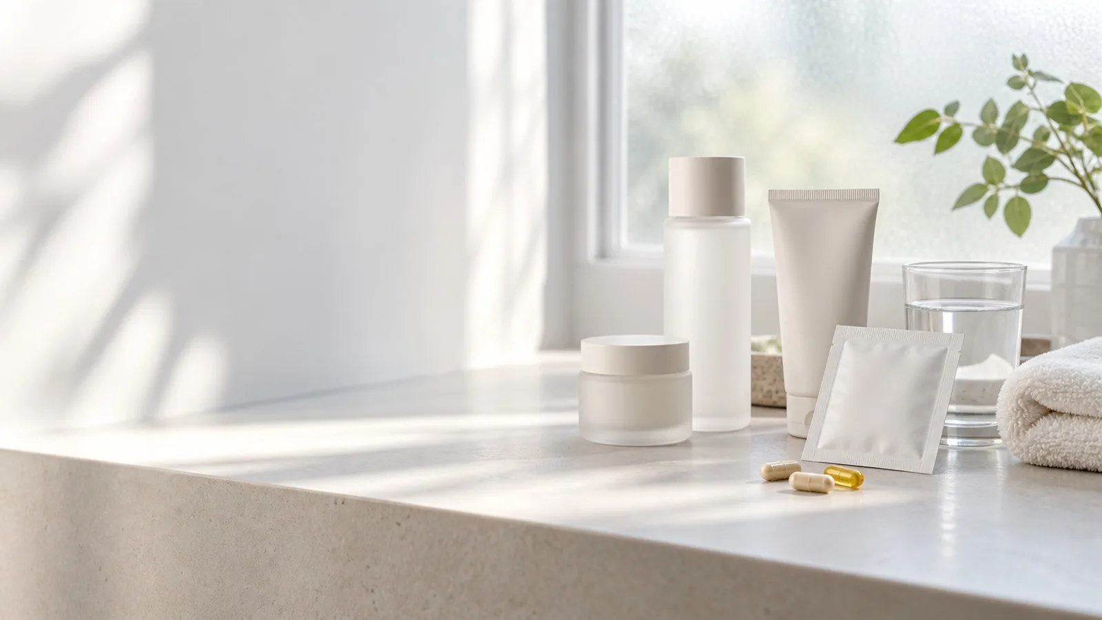 Unbranded skincare, household, and supplement items on a sunlit shelf