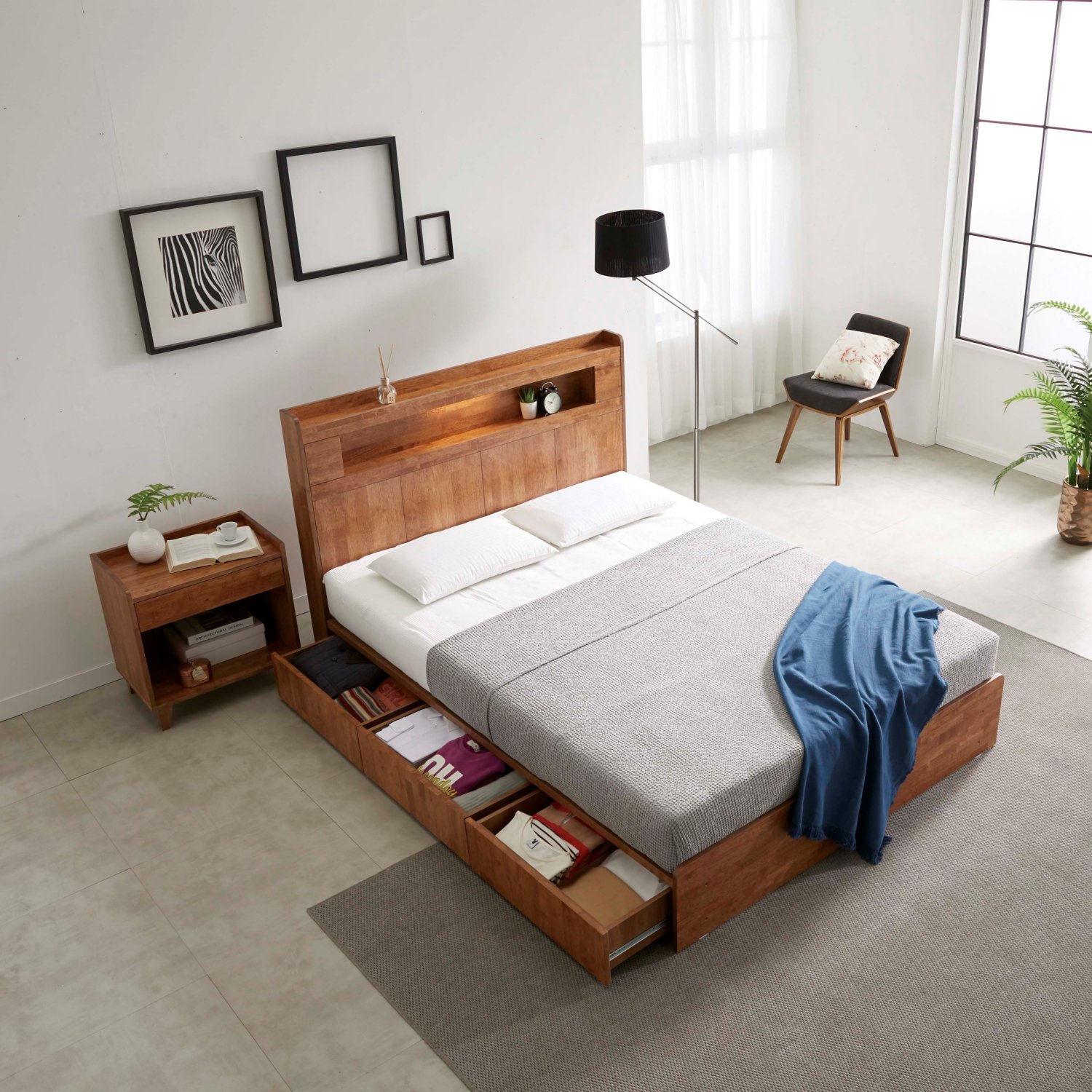 큐브 수납형 LED 원목 침대 프레임 퀸, 월넛 상세 이미지 1