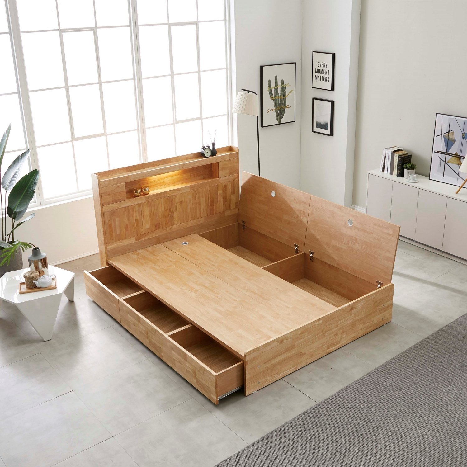 큐브 수납형 LED 원목 침대 프레임 퀸, 월넛 상세 이미지 1