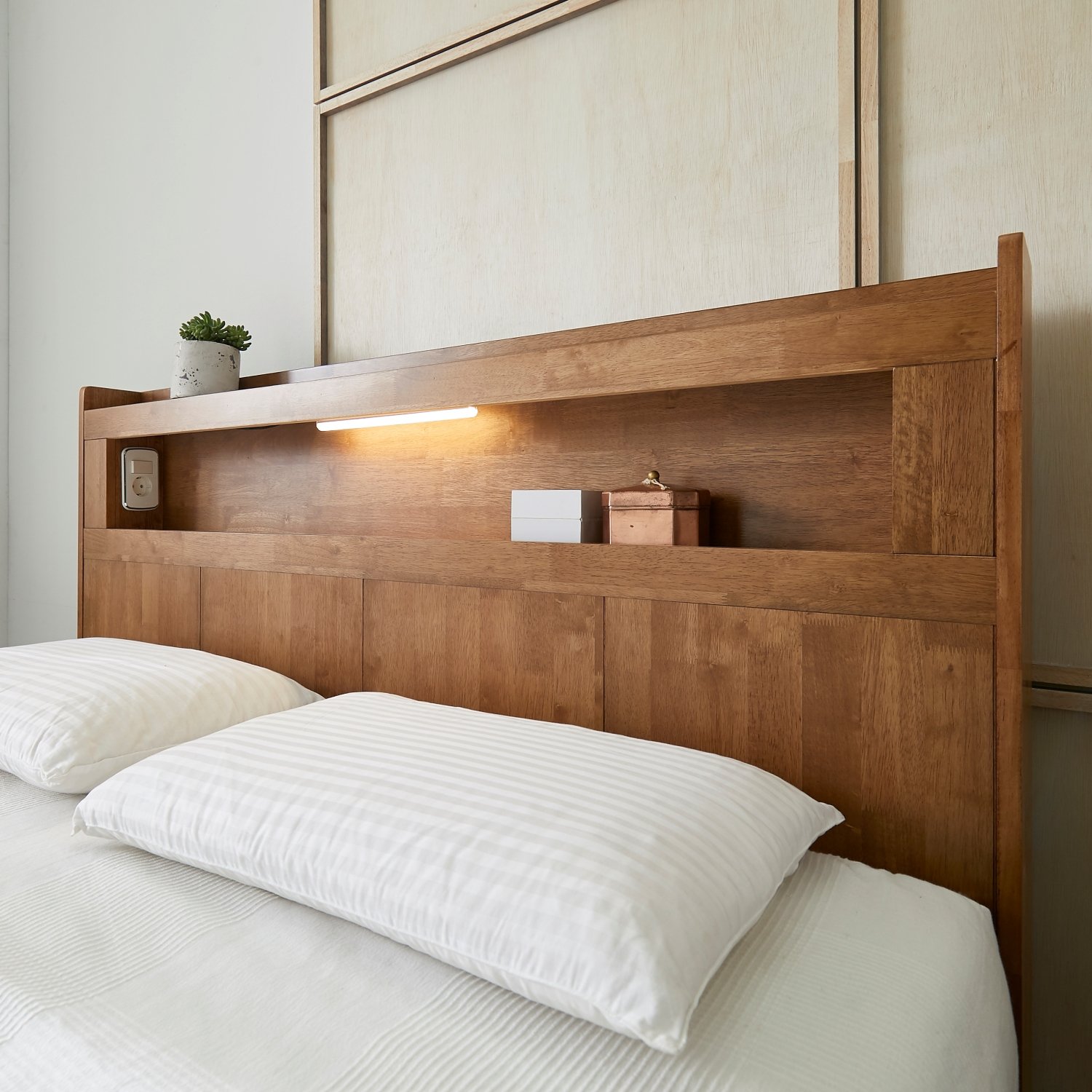 큐브 수납형 LED 원목 침대 프레임 퀸, 월넛 상세 이미지 2