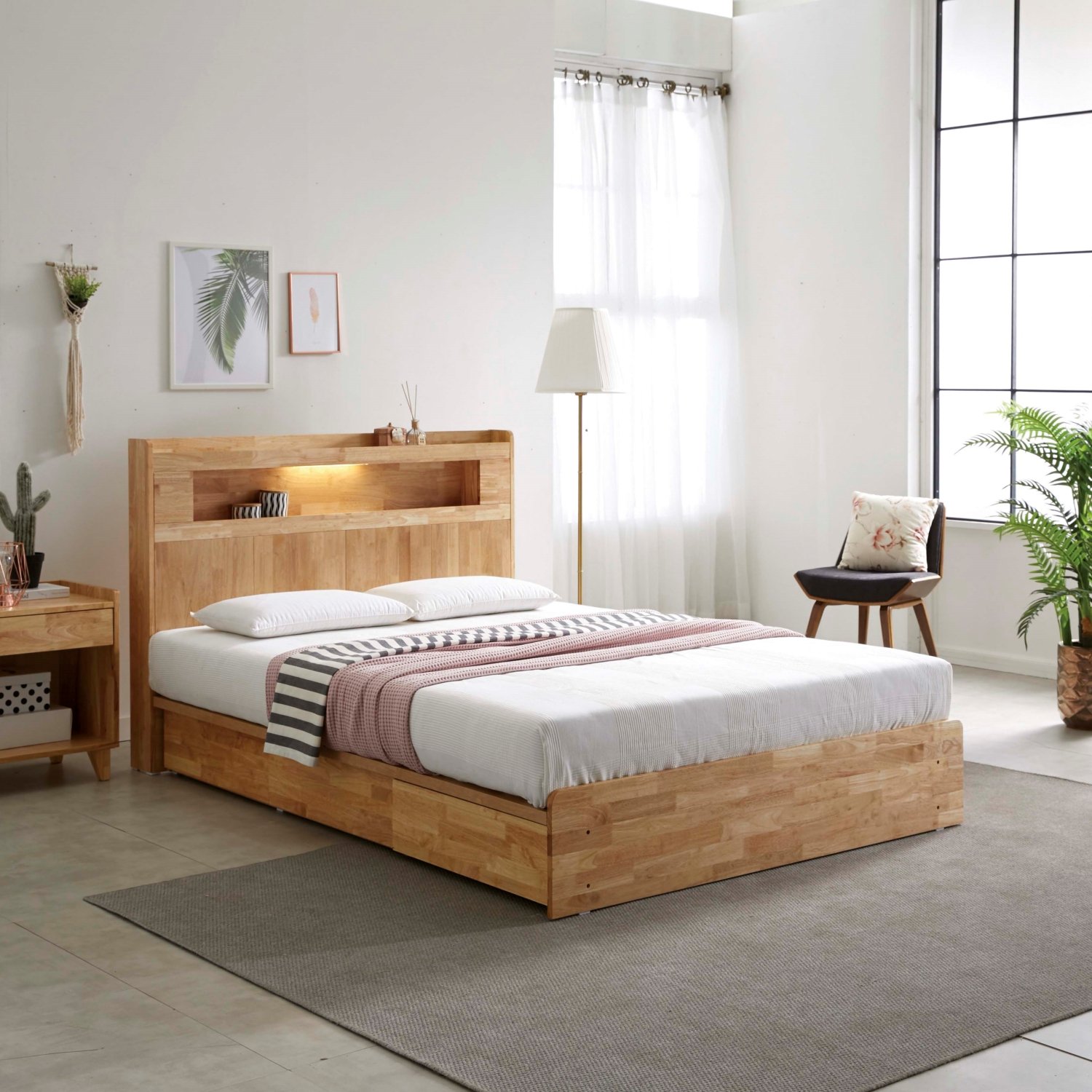 큐브 수납형 LED 원목 침대 프레임 퀸, 월넛 상세 이미지 2