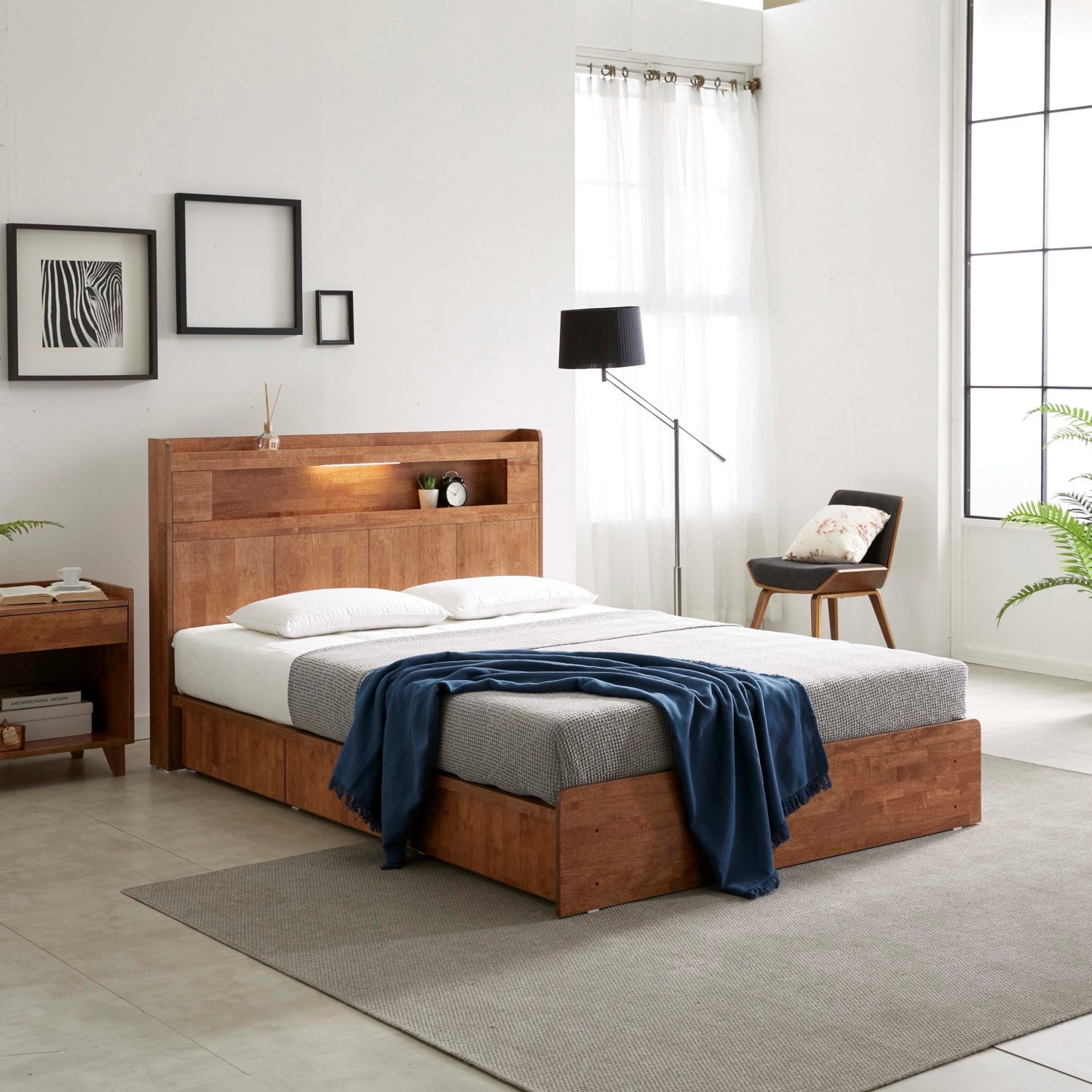 큐브 수납형 LED 원목 침대 프레임 퀸, 월넛 상세 이미지 1