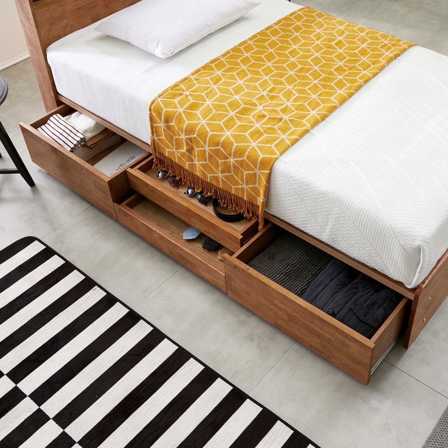 큐브 수납형 LED 원목 침대 프레임 퀸, 월넛 상세 이미지 2